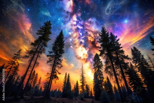 Wallpaper Mural Surreal Night Sky: Majestic Pine Trees Under a Starry Galaxy Torontodigital.ca