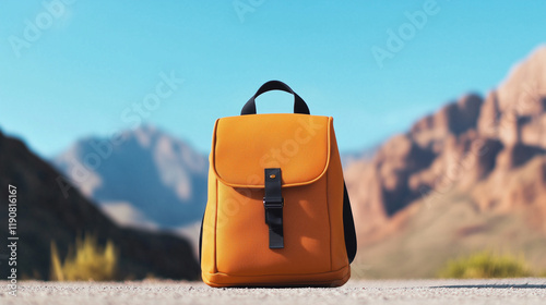 A trendy orange travelerâs backpack, captured from the front, against a backdrop of majestic, rugged mountains and a clear blue sky. The image symbolizes freedom, travel, and conne photo