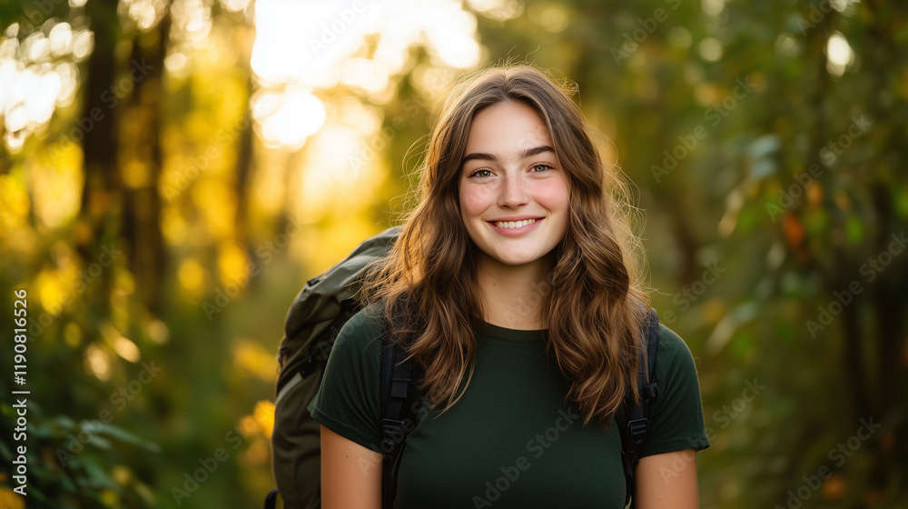 A vibrant young woman, full of energy and enthusiasm, posing with her backpack in a serene forest setting. Her expression reflects joy and a love for the outdoors, with the golden A vibrant young woman, full of energy and enthusiasm, posing with her backpack in a serene forest setting. Her expression reflects joy and a love for the outdoors, with the golden