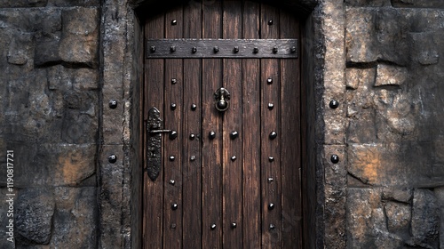 A rustic medieval castle entrance with an old wooden door, weathered stone walls, and gothic-inspired iron hinges. The aged wood grain, sturdy construction, and moody shadows create a mysterious, hist