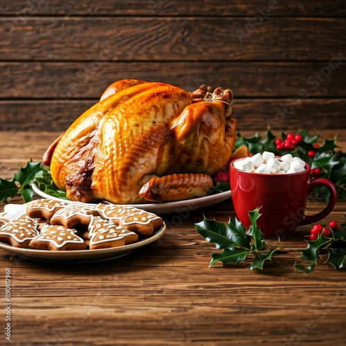 A complete Christmas dinner with roast turkey, side dishes, and festive decorations on a wooden. photo