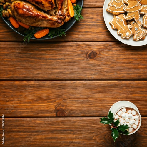 A complete Christmas dinner with roast turkey, side dishes, and festive decorations on a wooden. photo