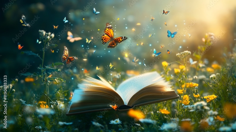 Naklejka premium A glowing flower field with a floating book and colorful butterflies in the air, book fantasy with copy space