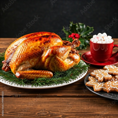 A complete Christmas dinner with roast turkey, side dishes, and festive decorations on a wooden. photo