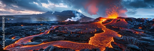 Volcanic landscape with glowing lava flows and fiery terrain