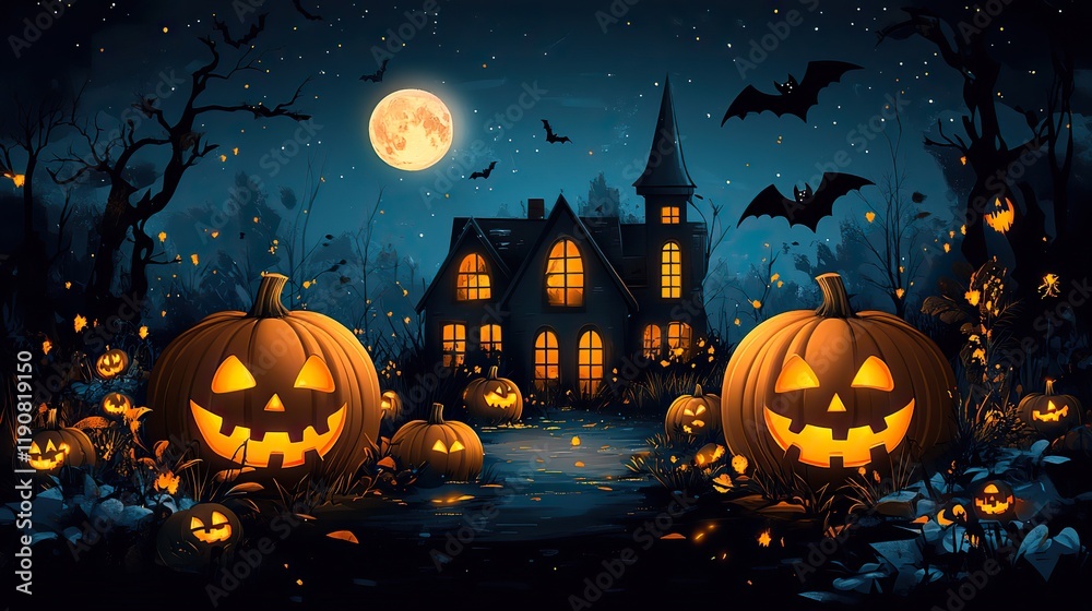 Fototapeta premium Halloween haunted house illustration featuring pumpkins, a full moon, and bats on a dark blue background