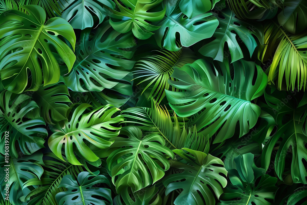 Vibrant tropical monstera and palm leaves creating a lush green jungle background, perfect for summer designs or eco-themed projects Vibrant tropical monstera and palm leaves creating a lush green jungle background, perfect for summer designs or eco-themed projects