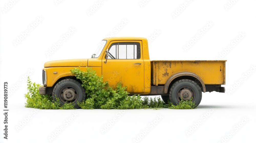 Fototapeta premium Rustic yellow pickup truck surrounded by lush greenery on white background. Generative AI