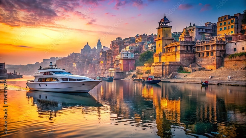 Fototapeta premium Surreal Varanasi: Yacht Sailing Past Ancient Ghats at Dawn