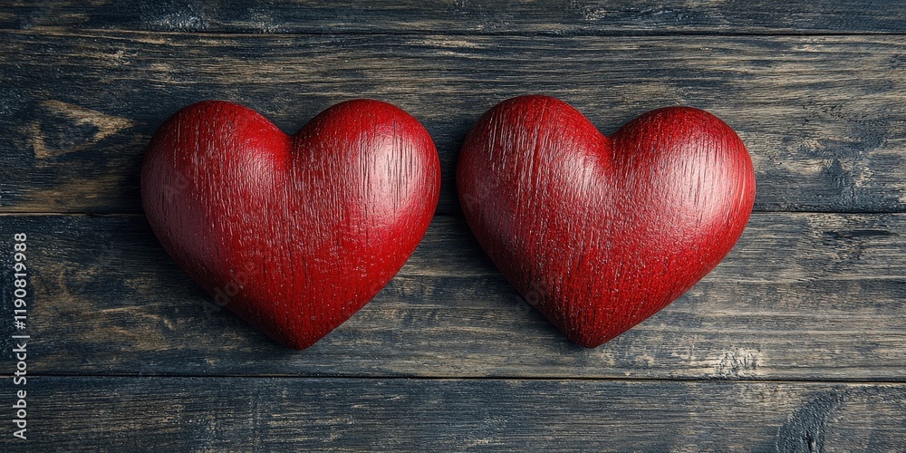 Two red hearts placed on a rustic wooden surface creating a romantic and warm atmosphere valentine day Two red hearts placed on a rustic wooden surface creating a romantic and warm atmosphere valentine day