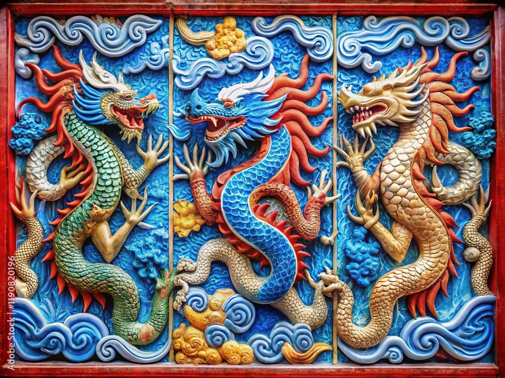 Obraz premium Triptych of Ornate Dragon Reliefs: White, Blue, and Red Dragons in Double Exposure