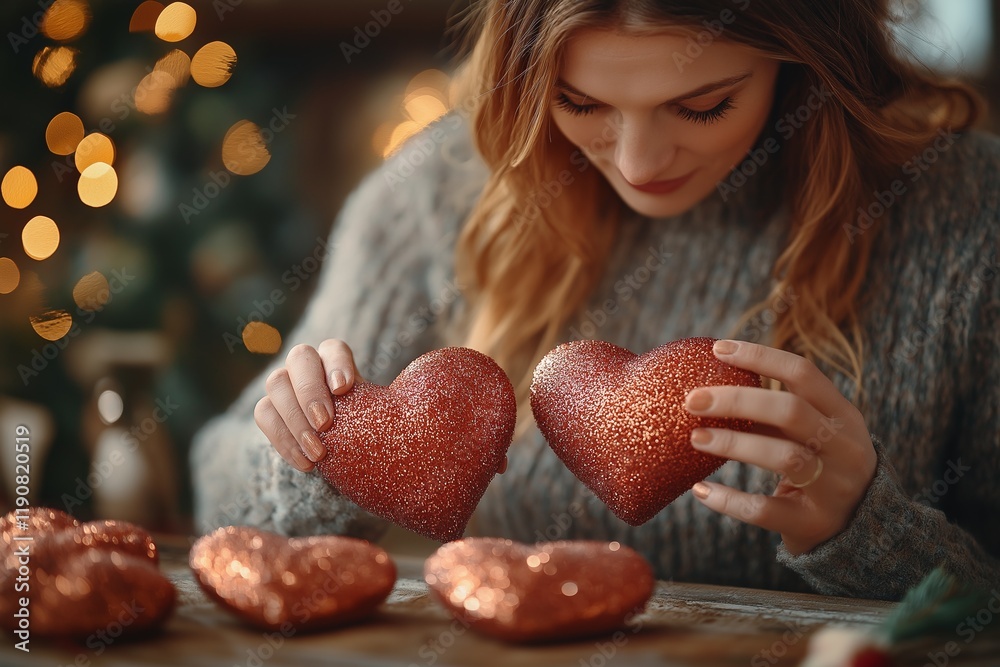 Naklejka premium A woman joyfully holds glittering heart decorations, preparing for Saint Valentine's Day, surrounded by a warm and festive atmosphere filled with love.