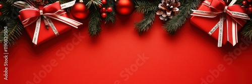 Festive Christmas Arrangement with Gifts and Ornaments on Red Background