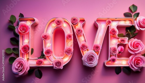 Generated image Word Love decorated with delicate roses on pink neon background. Valentine's Day concept