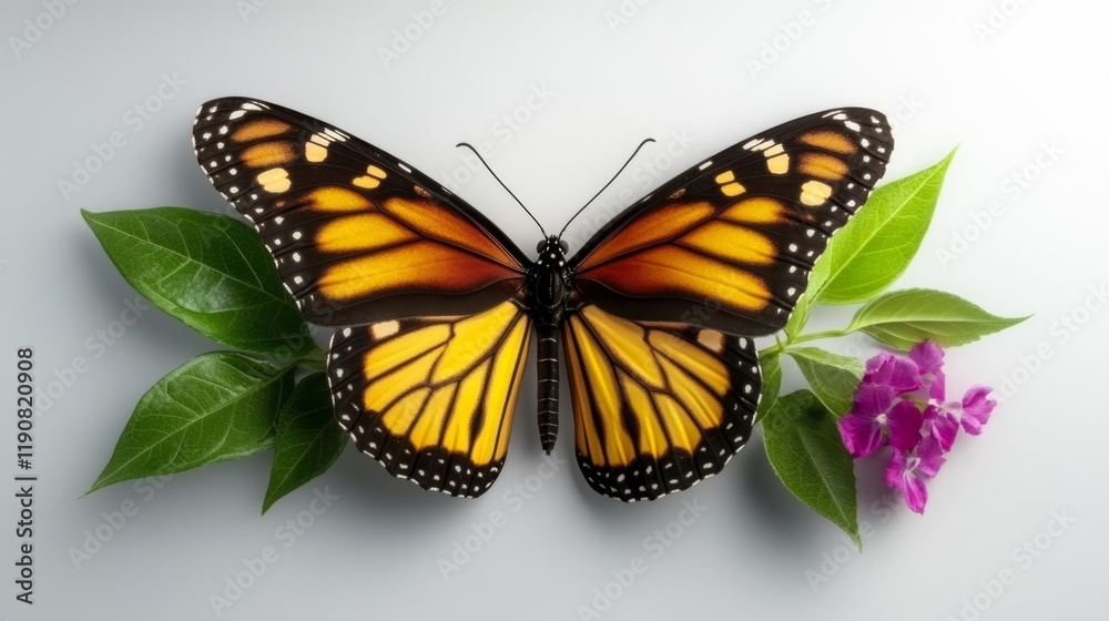 Monarch Butterfly on White Background with Green Leaves. Generative AI Monarch Butterfly on White Background with Green Leaves. Generative AI