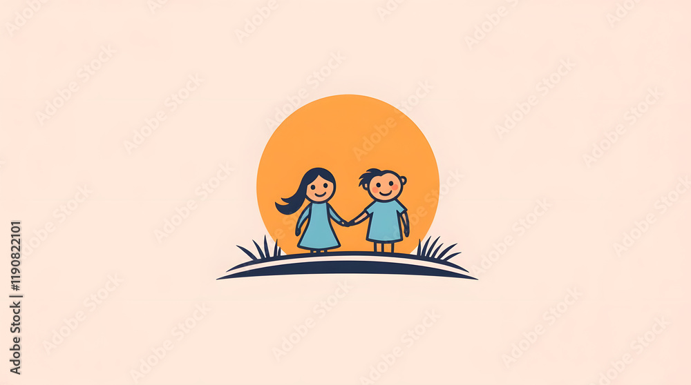 Fototapeta premium A classic black and white image of a happy family standing in a field at sunset, employing glowing bioluminescent colors to create an eerie creepy atmosphere with timeless elegance, dark tones