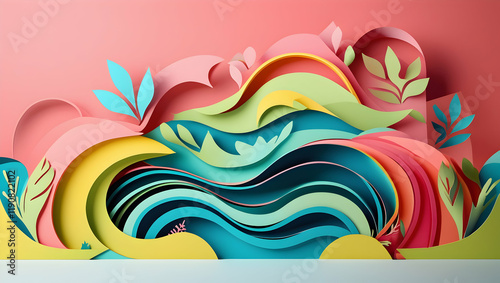 Colorful paper art scene with flowing waves and plants photo