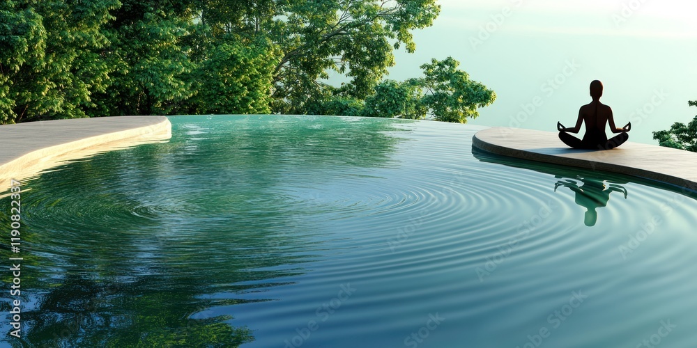Serene Meditation at Infinity Pool Surrounded by Lush Green Forest for Ultimate Relaxation. Serene Meditation at Infinity Pool Surrounded by Lush Green Forest for Ultimate Relaxation.