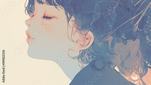 Profile of a young woman with closed eyes, showcasing intricate, textured hair and freckled skin, in a moody, atmospheric digital painting with a double exposure effect. 
