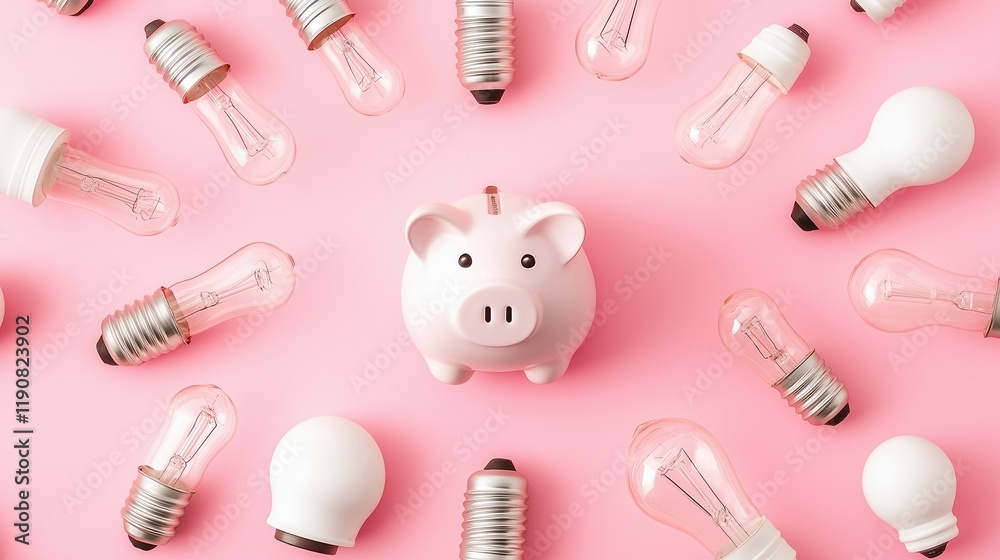 Piggy bank with light bulbs and coins on pink Piggy bank with light bulbs and coins on pink