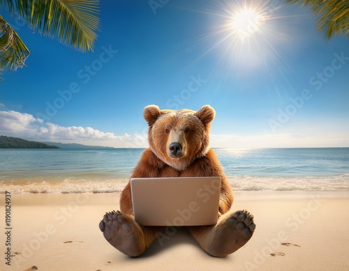 Generated image Adorable bear using laptop on tropical beach for remote work or vacation