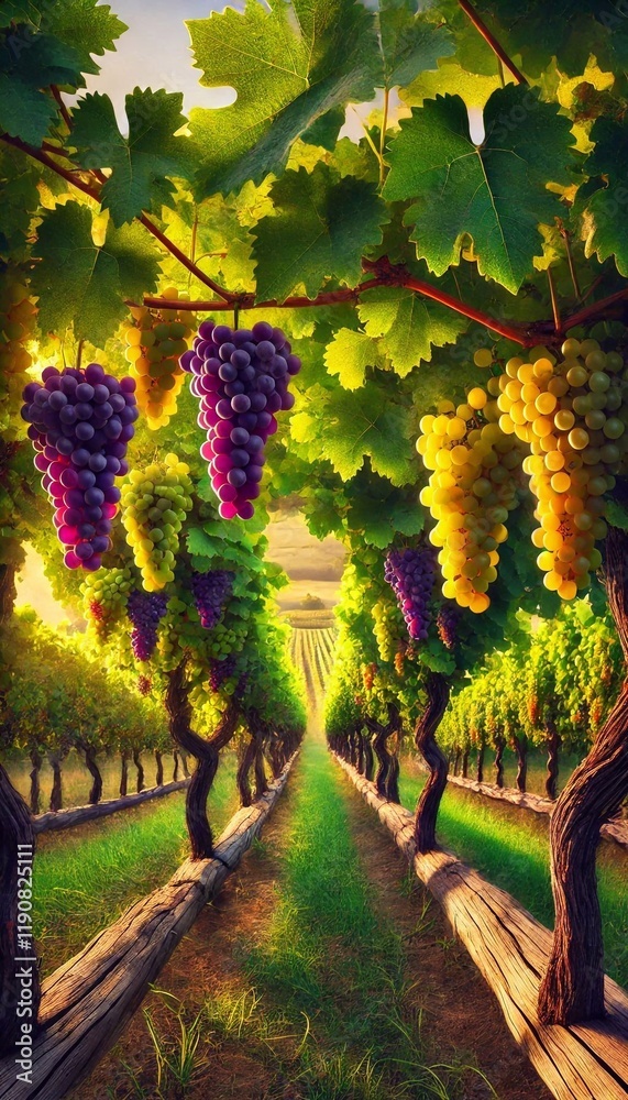 Naklejka premium Ripe Grapes Hanging from Vines in a Sunlit Vineyard