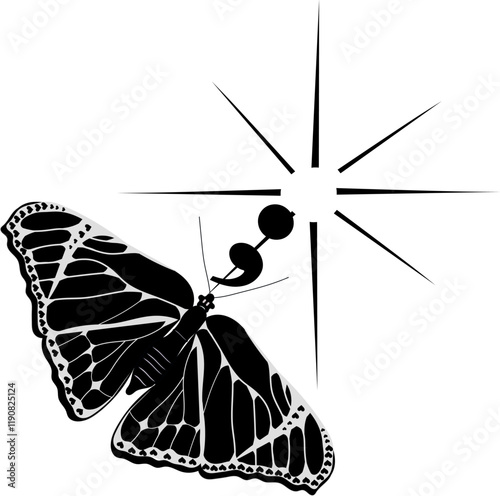 A black and white colored vector drawing of a Butterfly flying towards a semi colon and a star. Depression awareness, motivation to rise above and keep on trying, flying