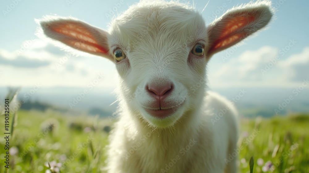 Obraz premium Curious Baby Goat in a Lush Pasture Setting