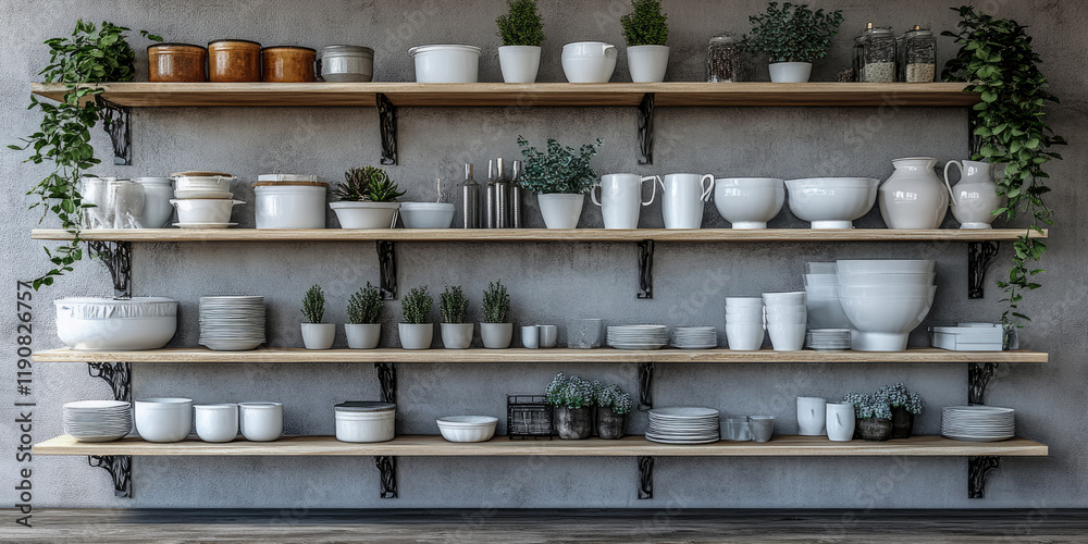Fototapeta premium Stylish Kitchen Shelving with White Dishes and Greenery: Modern Farmhouse Decor