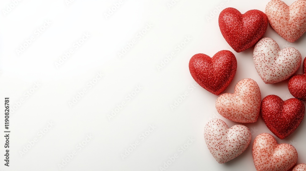 Obraz premium Red and white heart shapes scattered on a plain white background for decorative purposes valentine day