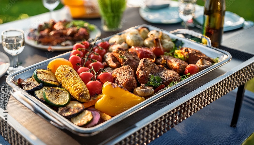 Obraz premium Generated image Assorted roasted vegetables and marinated meats served on a metal tray at a summer party