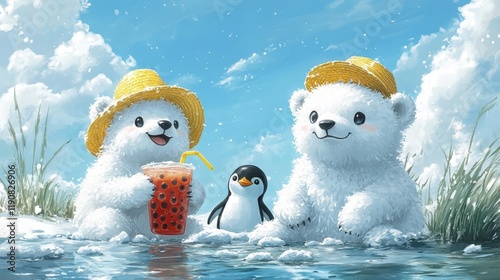 Cute polar bears with a penguin enjoying bubble tea. Generative AI photo