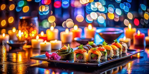 Wallpaper Mural Tokyo Candlelit Dinner: Neon Reflections on Sushi, High Depth of Field Stock Photo Torontodigital.ca