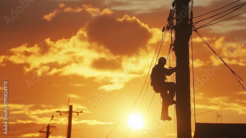 Electrician Working on Power Pole at Sunset