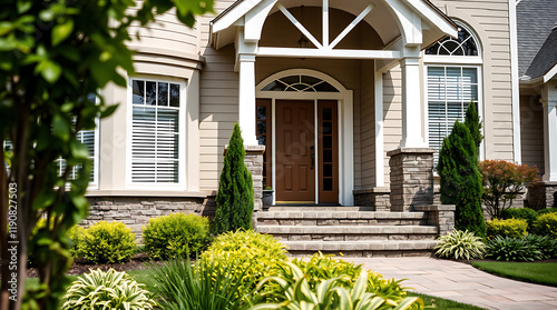 Elegant Home Exterior with Landscaped Garden and Stone Pathway.  Beautiful curb appeal and architectural details create a stunning entrance. photo