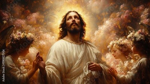Resurrection of Christ with Angels. Generative AI