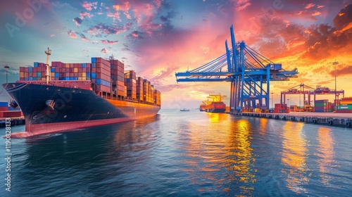 A bustling seaport at twilight with cranes loading containers onto a large ship