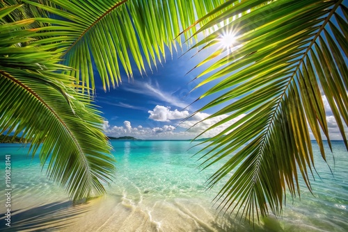 Wallpaper Mural Tropical Beach Paradise: Palm Leaves Over Turquoise Ocean and White Sand Torontodigital.ca