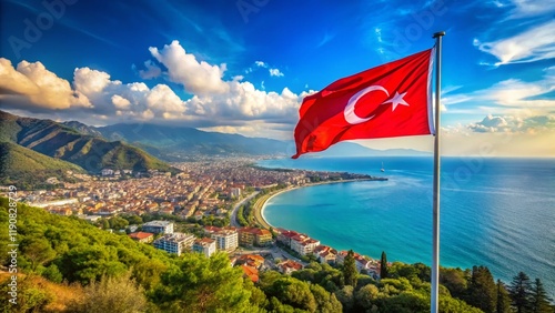 Turkish Flag Waving in Black Sea Panoramic, Ordu Cityscape, Turkey
