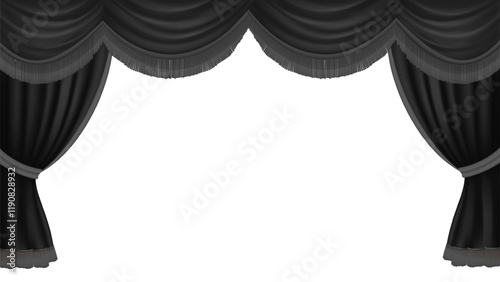 Black curtain stage vector background. Dark velvet drape. Open drapery. Theater scene, opera, concert or cinema.  Curtain stage