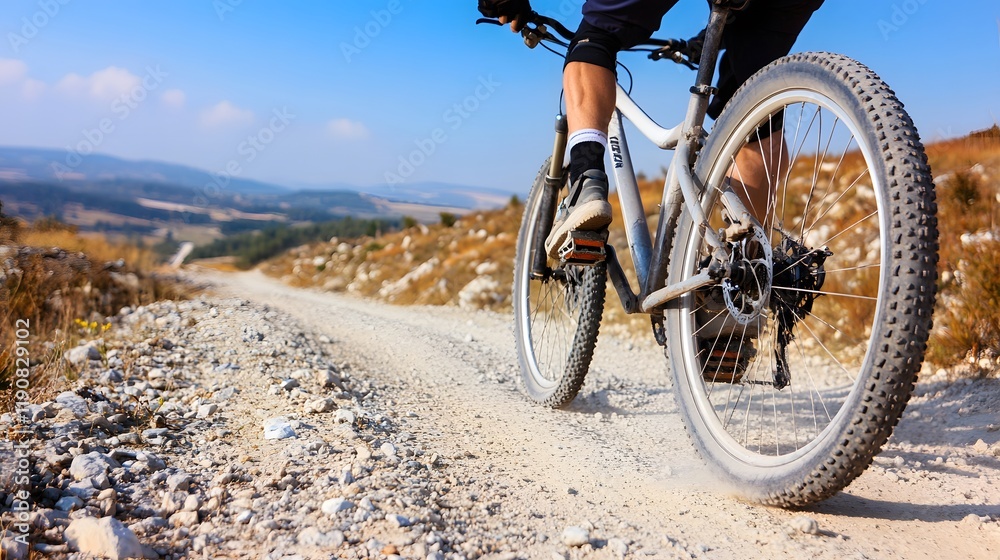 a mountain biker riding on a rugged trail with a stunning mountainous background. Generative AI a mountain biker riding on a rugged trail with a stunning mountainous background. Generative AI
