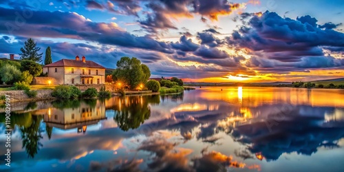 Low Light Lake Reflection, Farm House, Segovia, Spain - June 19, 2018 photo