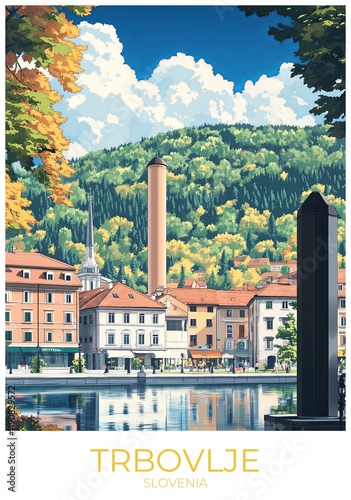 Trbovlje Slovenia Travel Poster Flat Illustration Print Decor Gift Canvas Wall Art Gift photo