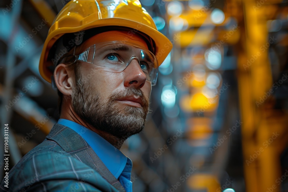 Professional worker in safety gear evaluates warehouse operations during the evening Professional worker in safety gear evaluates warehouse operations during the evening