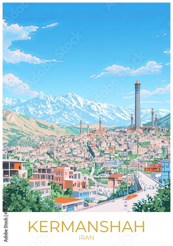 Kermanshah Iran Travel Poster Flat Illustration Print Decor Gift Canvas Wall Art Gift photo