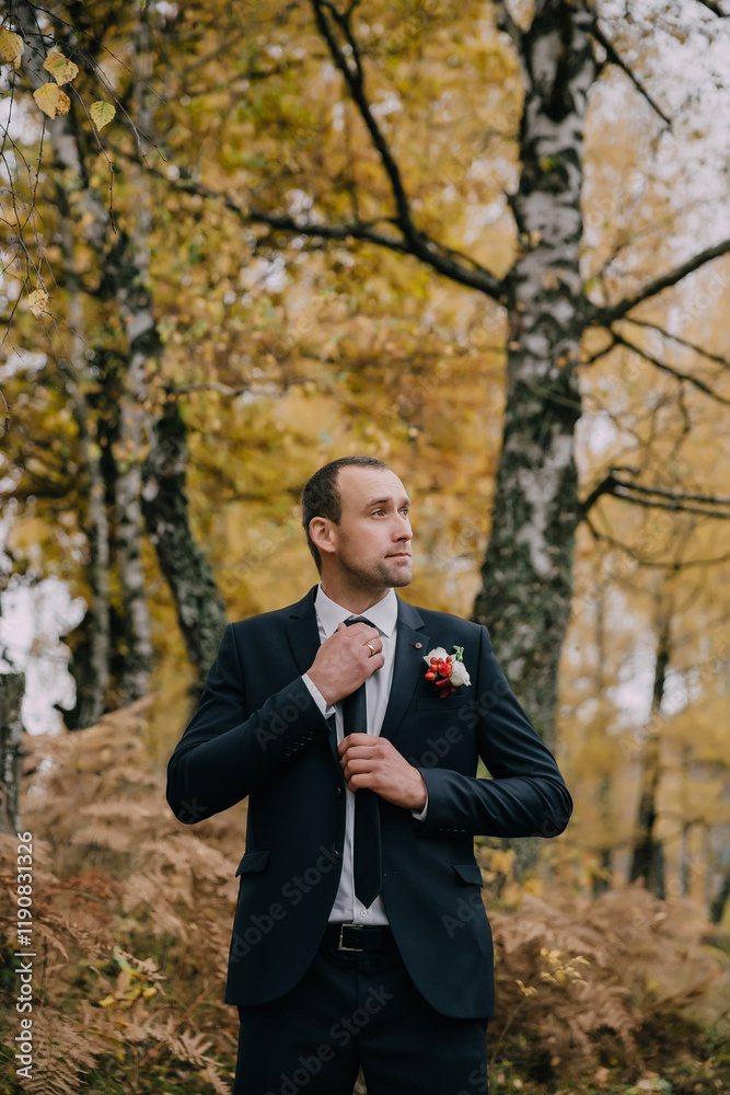 A man in a suit and tie stands in a field of yellow leaves. He is adjusting his tie and looking up at the sky A man in a suit and tie stands in a field of yellow leaves. He is adjusting his tie and looking up at the sky