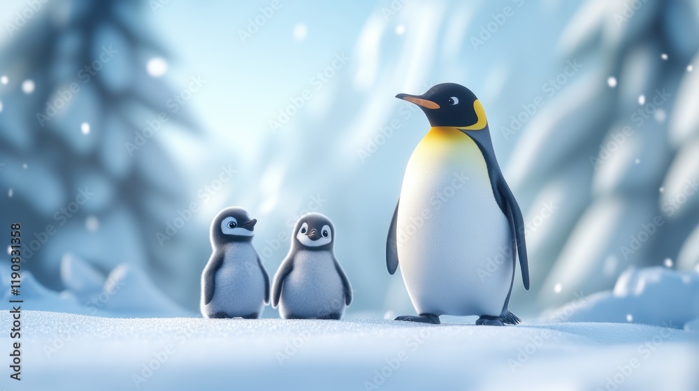 Fototapeta premium Penguin family with babies in a snowy Arctic winter landscape, serene and heartwarming