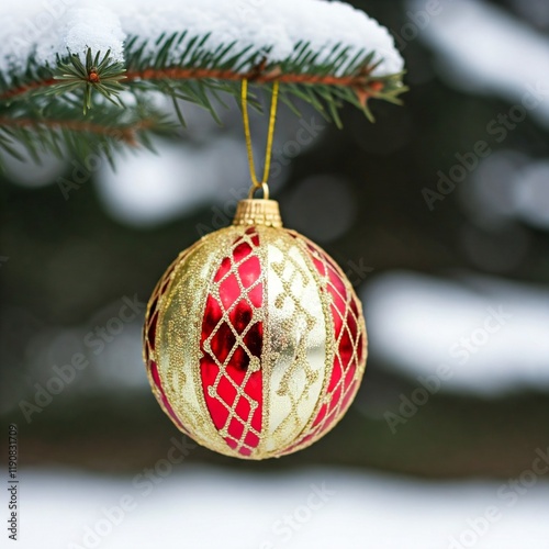 A Christmas tree decorated with red baubles and golden ornaments, creating a festive atmosphere. Defocused background.
