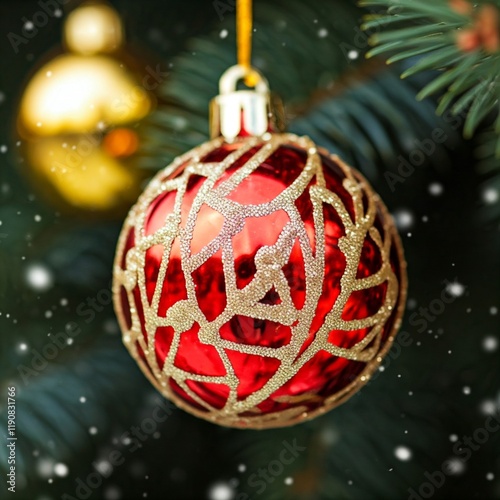 A Christmas tree decorated with red baubles and golden ornaments, creating a festive atmosphere. Defocused background.