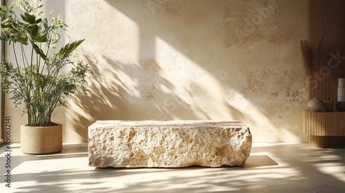 Textured Stone Block in a Minimalist Sunlit Room. Generative AI photo